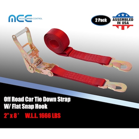 Tie 4 Safe 2" x 8' Ratchet Tie Down Strap w/ Flat Snap Hook Car Auto Hauler Tow Truck Red, 2PK RT48-8-R-C-2